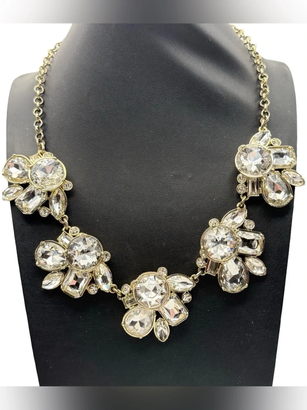 Ann Taylor LOFT Signed Crystal Rhinestone Bib Statement Necklace Gold Tone 21